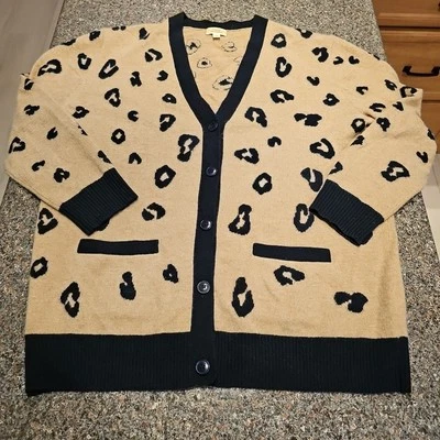 J. Crew 100% Cashmere Cardigan Animal Print Sz Medium Tan & Black  - Image 1 of 4