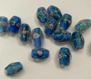 24x Blue Glass Chinese Lampwork Oval Beads 15mm - Floral Bead JEWELLERY MAKING - Picture 1 of 4