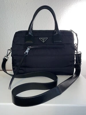 prada bag women quilted fabric and leather top handle and crossbody bowling bag - Image 1 of 4