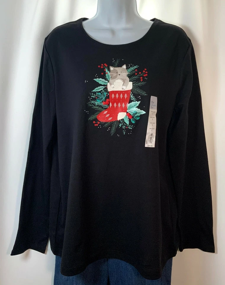 Womens Croft & Barrow Kitty Cat in Stocking Holiday Graphic Tee Size L