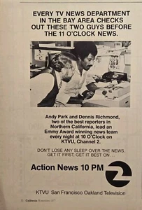 Anuncio impreso vintage 1977 KTVU News San Francisco Oakland Andy Park Dennis Richmond - Imagen 1 de 4