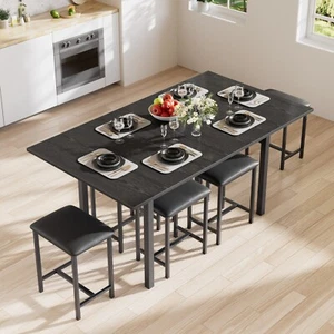 Extendable Dining Table Set with USB Charging, Kitchen Table with 6 Stools Black - Picture 1 of 16