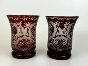 Pair Antique Czech Bohemian Ruby Etched Crystal Glass Animals Castle Vases Cups - Picture 1 of 6