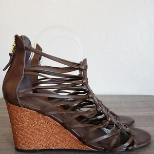 Ralph Lauren Alexandrea Caged Leather Wedge Sandal Chocolate Brown Size Womens 9 - Picture 1 of 12