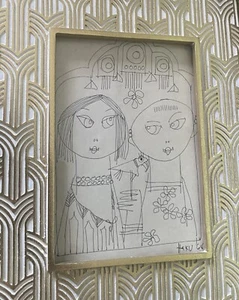 Rare Southeast Asia Art By Haku Shah, Indian Wedding Couple, 1968 Drawing - Picture 1 of 6