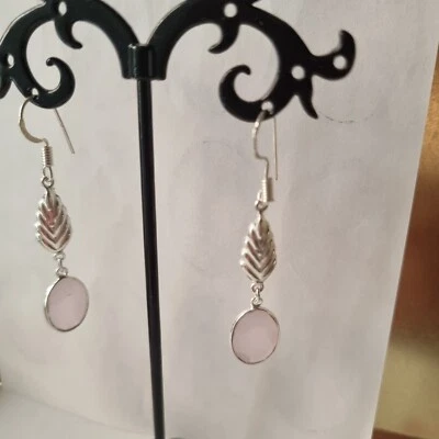 ORECCHINI INDIANI ARGENTO 925 PENDENTE OVALE IN QUARZO ROSA - Immagine 1 di 3