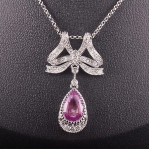 Bowknot Natural Diamond Pink Sapphire Lady Pendant Filigree Charm 14K White Gold - Picture 1 of 10