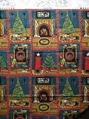 Vtg Fabric WILSON AND WILSON FOLK ART Cows Hearth Christmas BTY Cotton Fabric - Image 1 of 4