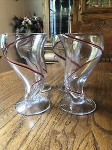 Pier 1 Red Swirline 8 ounce, Tall Crooked Footed Glass Tumbler set of 4