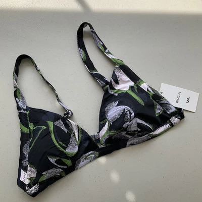 Top de Biquíni RVCA Swim Pequeno Preto Pixie Hi Triângulo Floral Acolchoado Novo - Imagem 1 de 4