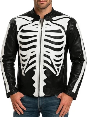 Chaqueta de motociclista de cuero Skeleton Bones: Juegos con disfraces góticos de Halloween Foto 1 de 4