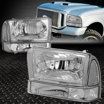 FOR 99-04 FORD F250 F350 SUPER DUTY CHROME HOUSING CLEAR CORNER HEADLIGHT LAMPS - Image 1 of 4