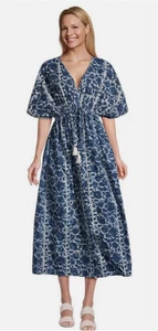 NWT World Market 100% Cotton Navy Blue White Kaftan Tassel Dress Size S / M - Picture 1 of 20
