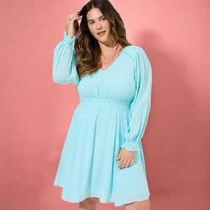 Sky Blue Skater Dress Plus Size 4X Gauzy Smocked Waist Ruffle Torrid Above Knee - Picture 1 of 7