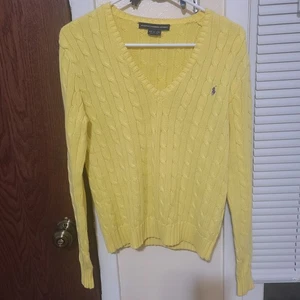Y2K Ralph Lauren Sport Damen Pullover Pulli buttergelb V-Ausschnitt Zopfmuster L - Bild 1 von 10