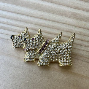 Spilla vintage Napier 2 Scotty Dogs spilla 2" pavè cristalli rosa chiaro insegna placcata oro - Foto 1 di 6