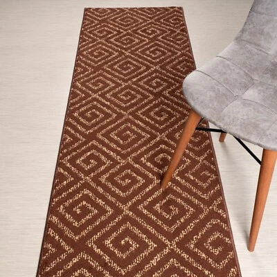 Custom Length Stair Hallway Runner Rug Non Slip Backing, Squares Brown - Image 1 of 4