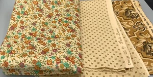 LOT OF 3 BEIGE TAN BLUE BLACK ORANGE TOSSED FLOWERS TOTAL 1.9 YD Cotton Fabric - Picture 1 of 1