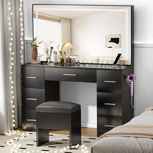 Black Makeup Vanity Desk with Lighted Mirror,Glass Tabletop Power Outlets New - Picture 1 of 9