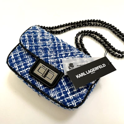 NWT Karl Lagerfeld Paris Agyness Tweed Shoulder Bag Blue & White Textured Chain - Image 1 of 4