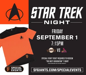 SF Giants Star Trek t-shirt SGA Special Event 9/1/17 Small (all sizes available) - Picture 1 of 2