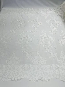 Ivory Lace Fabric, By The Yard Floral Corded, Flower Embroidered on Mesh - Picture 1 of 2