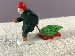 Vintage Department 56 christmas village accessory boy pull tree on sled CH6927 - Picture 1 of 6