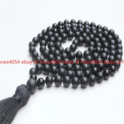 6mm Black Onyx Gemstone 108 Beads Tassel Necklace Retro Mala Japa Yoga Tibetan - Image 1 of 4