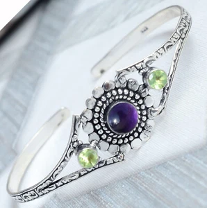 Amethyst, peridot Gemstone Bracelet 925 Sterling Silver Cuff Bangle Adjustable - Picture 1 of 8