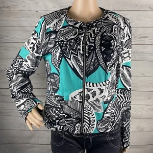 Giacca Chloe Madison taglia 8 verde acqua nero bianco stampa floreale astratta full zip carina - Foto 1 di 12