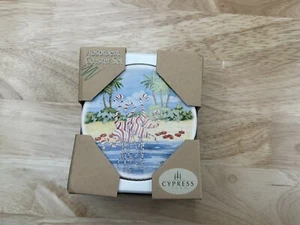 Cypress Home Flamingo Round Absorbent Stone Coasters w/ Wood Caddy - Picture 1 of 3