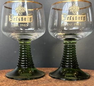 Felsberg Wine Glasses Vintage Honeypot Style Green Pair Gold Rimmed Sherry Port - Picture 1 of 6