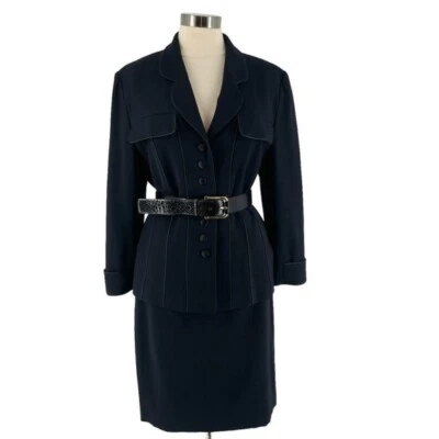 Blazer Louis Feraud Negro Lana Satén Borde Abotonado Falda Lápiz Traje Para Mujer 14 Foto 1 de 4