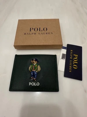 NUOVO portafoglio Polo Ralph Lauren COLLEGE VARSITY BEAR pelle sottile astuccio porta carte - VERDE - Immagine 1 di 4