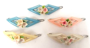 5 Vintage Hair Barrettes 1950's Delicate Triple Flowers In Pastel Colors - Picture 1 of 7