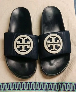 TORY BURCH Lina Slide Sandals Women's Blue with White Logo Slip On Size 7 - Picture 1 of 10