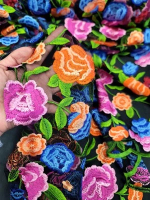 Lace Multicolor Embroidery Orange Fuchsia Floral Fabric By The Yard Black Mesh  - Image 1 of 4