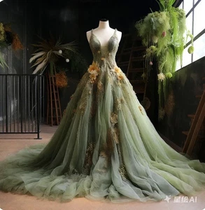 Vintage Forest Fariy Green Wedding Dresses with 3D Flowers Tulle Bridal Gowns - Picture 1 of 11