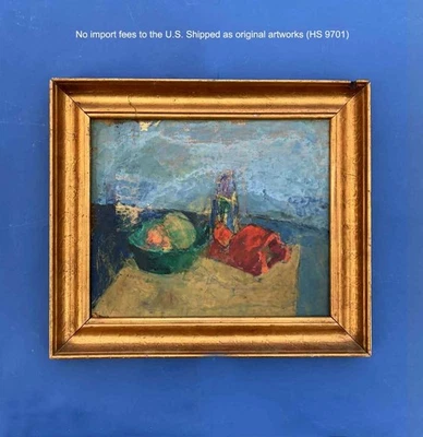 Knud Eel (1914) - Bodegón abstracto danés en azul y rojo. Fecha 1942 - Certificado de autenticidad Foto 1 de 4