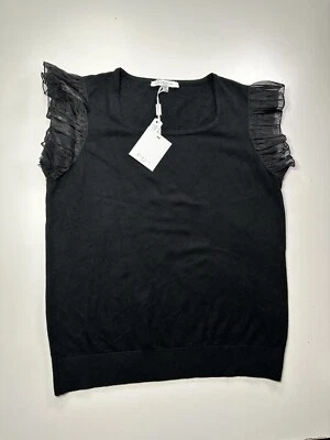 Siani Milano черный квадратный круглый вырез короткие прозрачные оборки рукава вязаный топ Sz M - Изображение 1 из 4