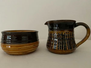 VINTAGE RETRO CREIGIAU WELSH POTTERY BROWN GLAZE SUGAR BOWN & MILK JUG - Picture 1 of 8
