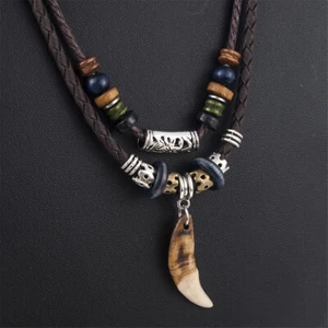 Men's Bohemia Wolf Tooth Cross Pendant Leather Beaded Weaved Necklace Jewelry - Picture 1 of 16