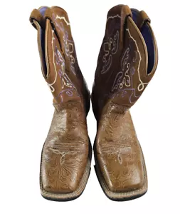 Ariat Fat Baby Stiefel Damen 7.5B braun Leder Blumen lila bestickt eckig - Bild 1 von 16