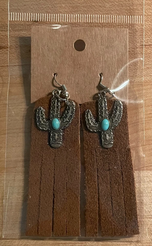 Pendientes artesanales/flecos de cuero/cactus con turquesa/reutilizados de botas Foto 1 de 1