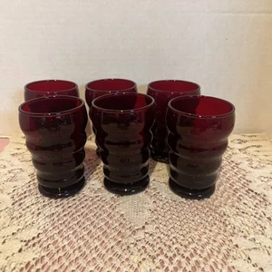 Set 6 Bicchieri Succo Vetro Rosso Rubino Ancoraggio Hocking Whirly Twirly - Foto 1 di 5