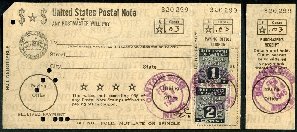 1948 POSTAL NOTE with STAMPS, RECEIPT DETACHED - Image 1 of 1