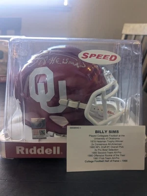 Mini Casco Tristar HT Billy Sims 78 Firmado por Heisman Automático Oklahoma Sooners Velocidad Foto 1 de 4