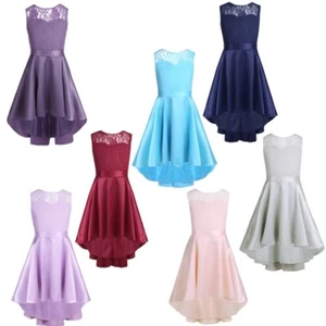 Girls V-Back Floral Lace High-Low Hem Formal Dress Wedding Bridesmaid Ball Gown - Picture 1 of 65