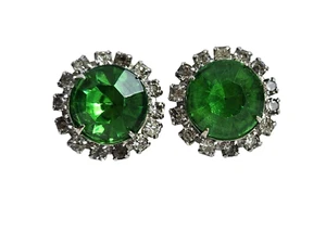 Vintage Huge Green Rhinestone Screwback Earrings w/ Clear Sparkling Halo - Picture 1 of 7