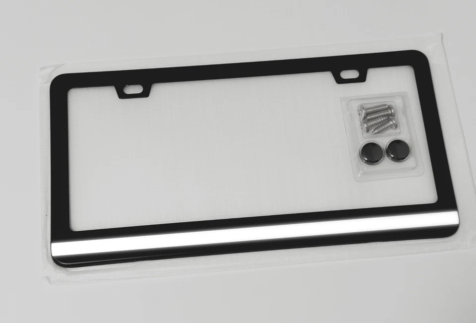 Reflective White Road Safety License Plate Frame Tag Holder Car Black Metal - Image 1 of 1